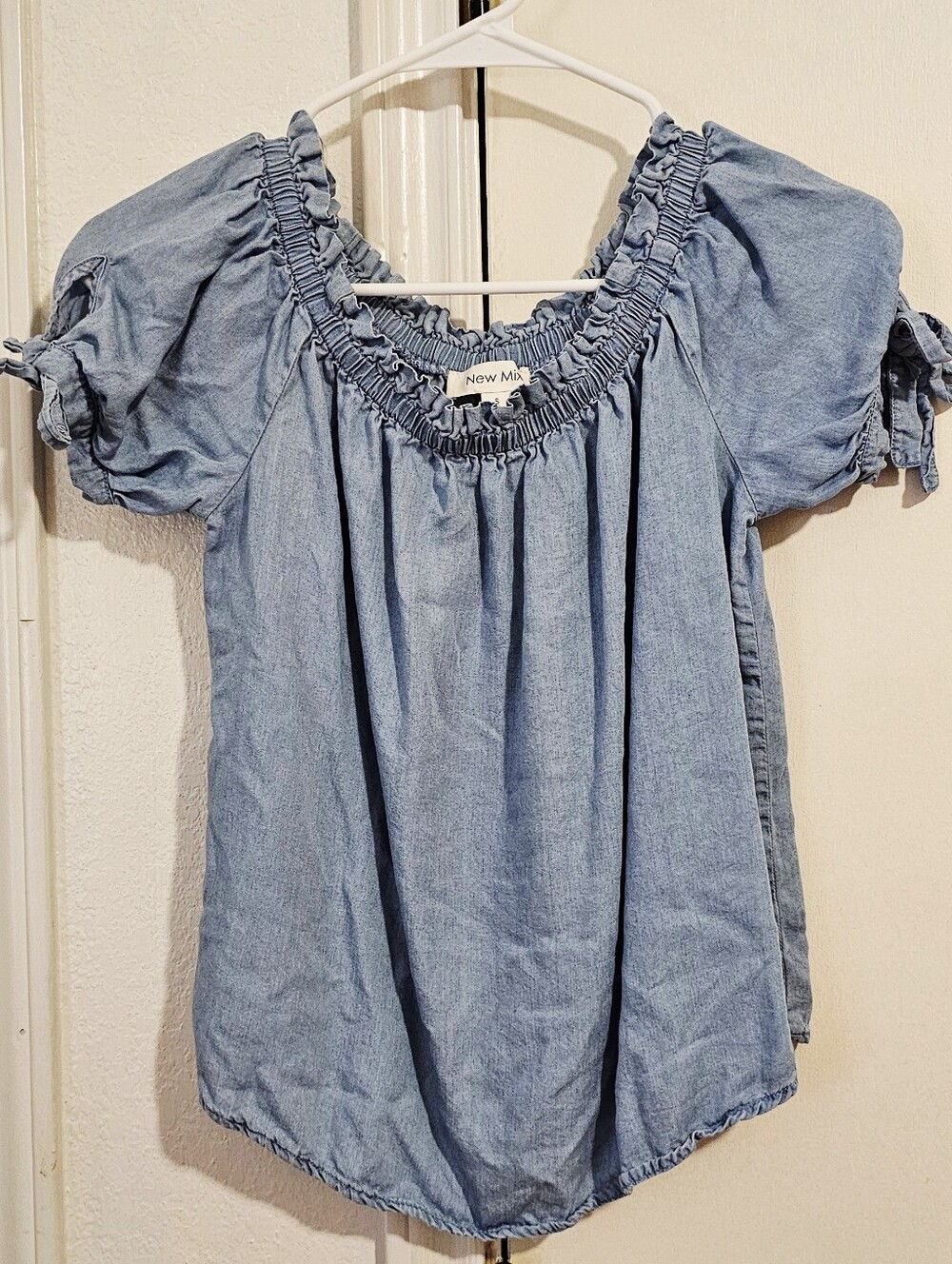 New Mix Light Blue Denim Off-Shoulder Peasant Blouse
